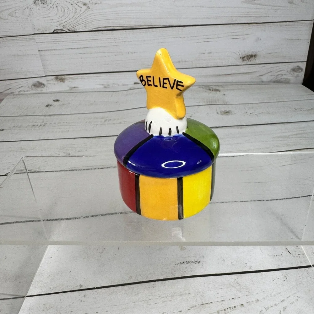Colorful Ceramic Trinket Box Believe Star Lid Hand Painted Striped Heart Inside